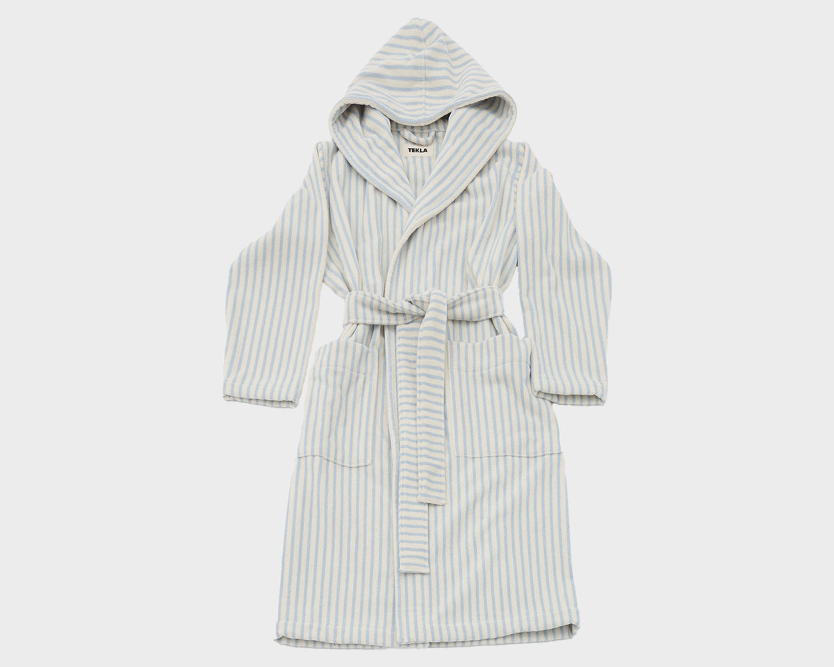 Tekla Organic Cotton Hooded Bathrobe - Soft Blue Stripes