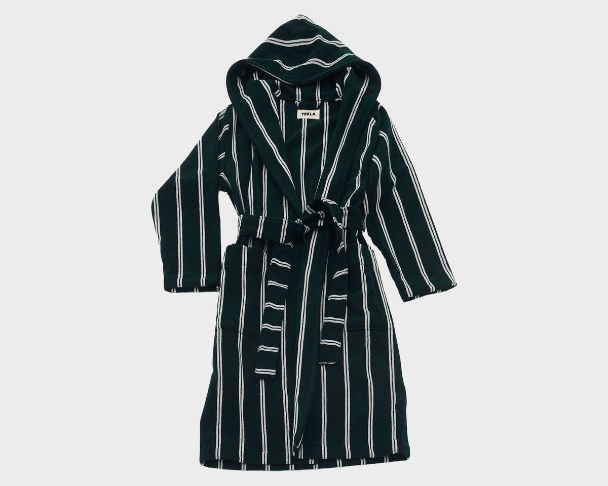 Tekla Organic Cotton Hooded Bathrobe - Forest Green Stripes