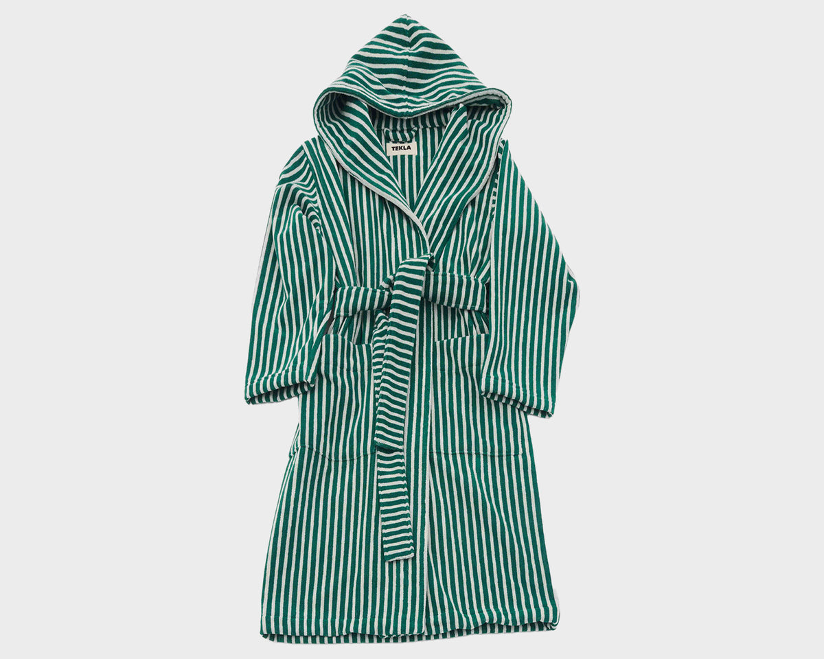 Tekla Organic Cotton Hooded Bathrobe - Teal Green Stripes