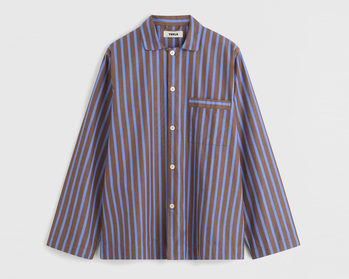Tekla Poplin Long Sleeve Shirt - Chestnut Stripes