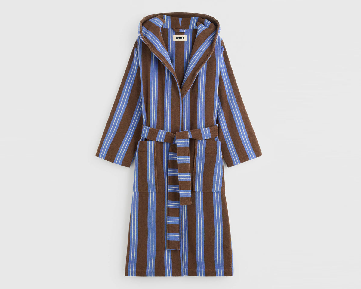 Tekla Organic Cotton Hooded Bathrobe - Chestnut Stripes