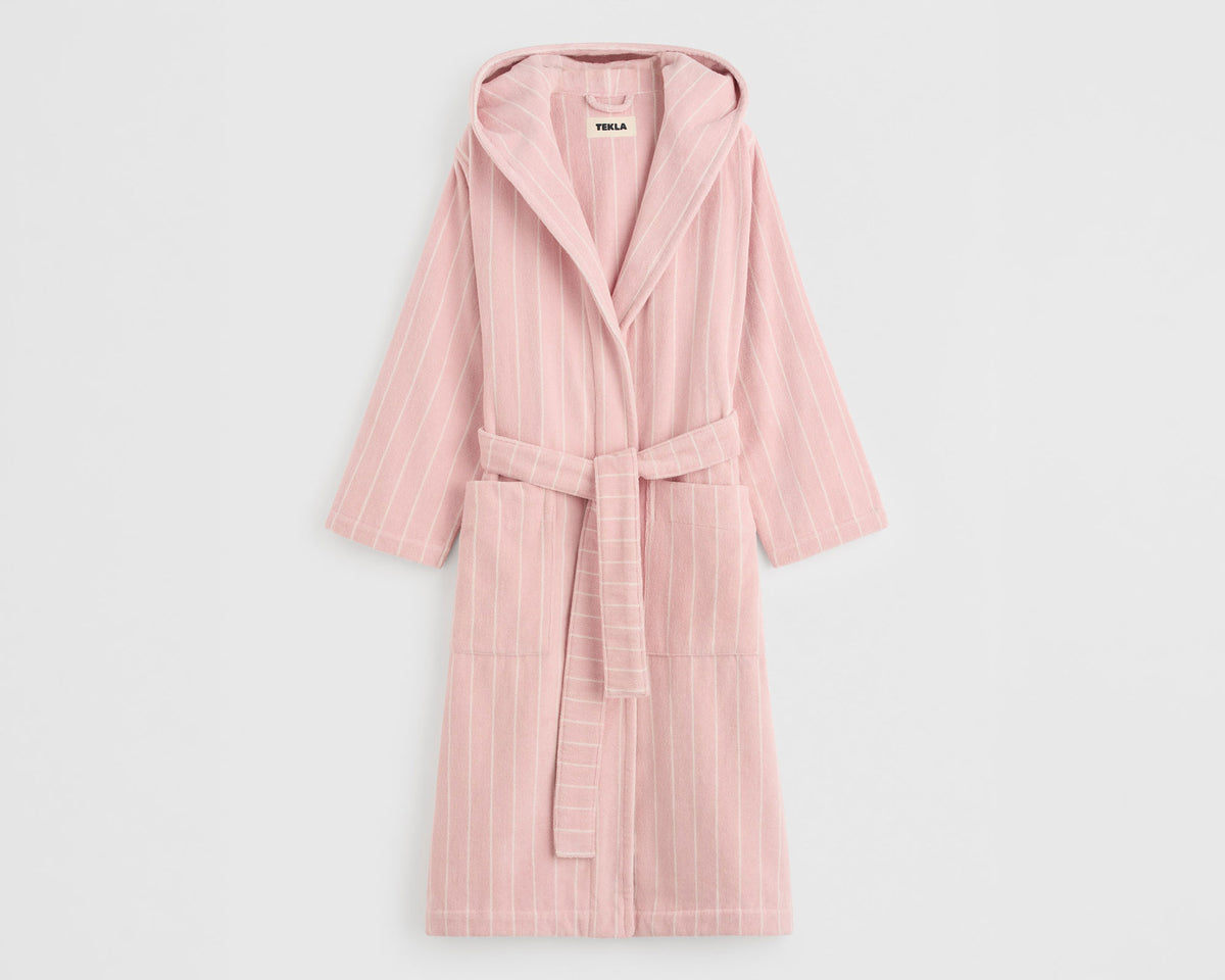 Tekla Organic Cotton Hooded Bathrobe - Shaded Pink Stripes