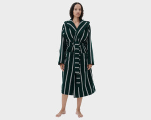 Tekla Organic Cotton Hooded Bathrobe - Forest Green Stripes