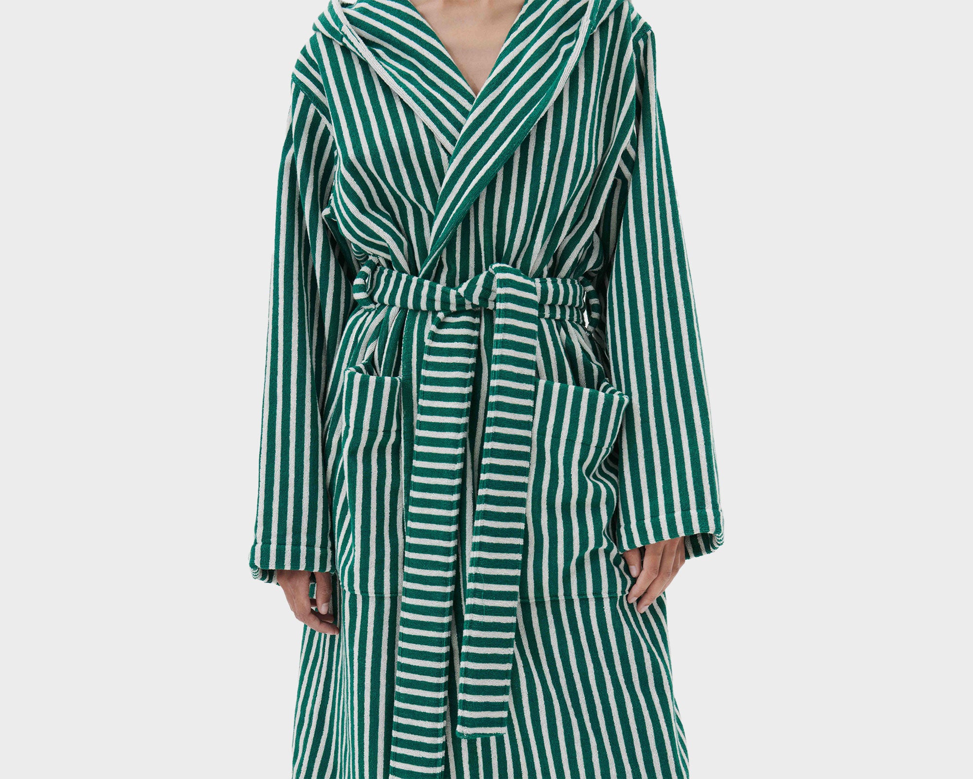 Tekla Organic Cotton Hooded Bathrobe - Teal Green Stripes