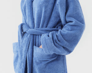 Tekla Organic Cotton Hooded Bathrobe - Clear Blue
