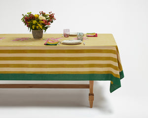 Lisa Corti Tablecloth - Bougainvillea Stripes White Mustard